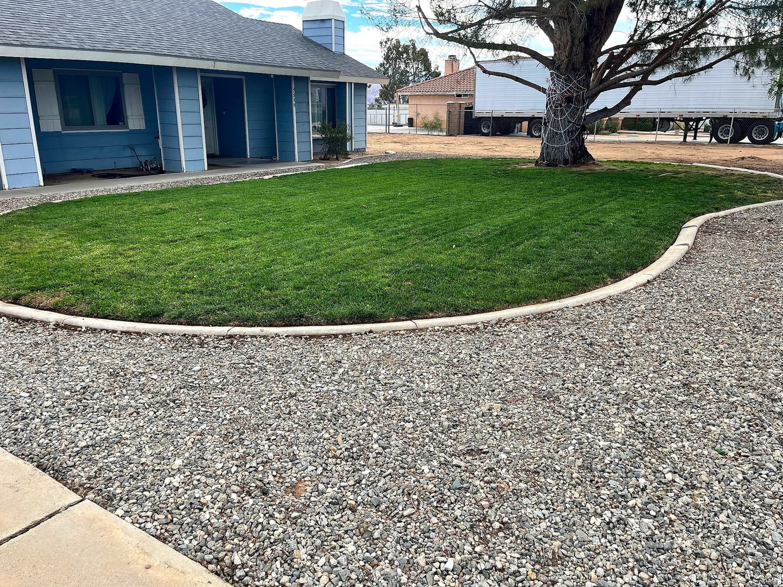 New lawn edged by a curved gravel border